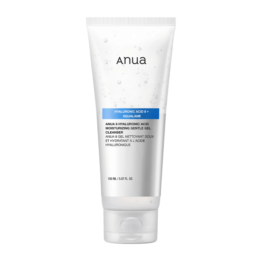 Produktbild på Anua 8 Hyaluronic Acid Moisturizing Gentle Gel Cleanser i vit tub. Skonsam gelrengöring som stärker hudens fuktbarriär och ger mjuk, balanserad hud.