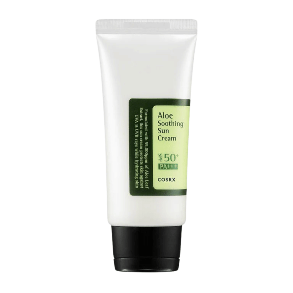 COSRX Aloe Soothing Sun Cream SPF 50+ PA+++ i vit tub med svart kork – solkräm med aloe vera som skyddar och lugnar huden.