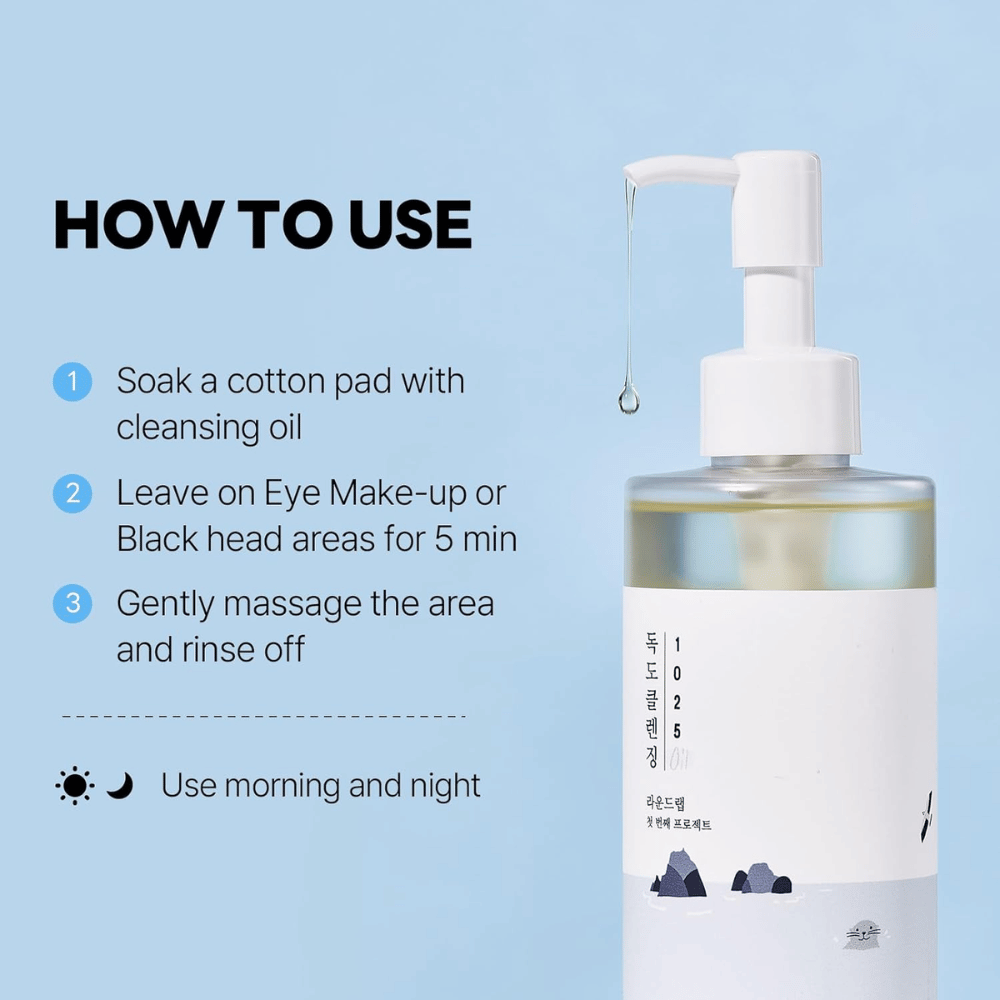 Round Lab 1025 Dokdo Cleansing Oil que disuelve eficazmente el maquillaje, el protector solar y las impurezas con una textura de aceite ligera e hidratante