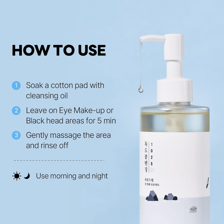Round Lab 1025 Dokdo Cleansing Oil que disuelve eficazmente el maquillaje, el protector solar y las impurezas con una textura de aceite ligera e hidratante