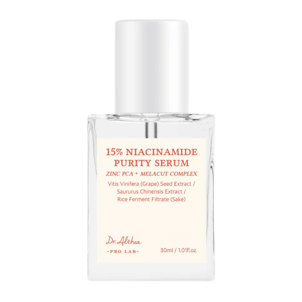 Dr. Althea 15% Niacinamide Purity Serum es un suero avanzado que combina 15% de niacinamida con Zinc PCA y MELACUT COMPLEX para iluminar, reducir poros y mejorar la textura de la piel. Perfecto para un tono de piel radiante y uniforme.