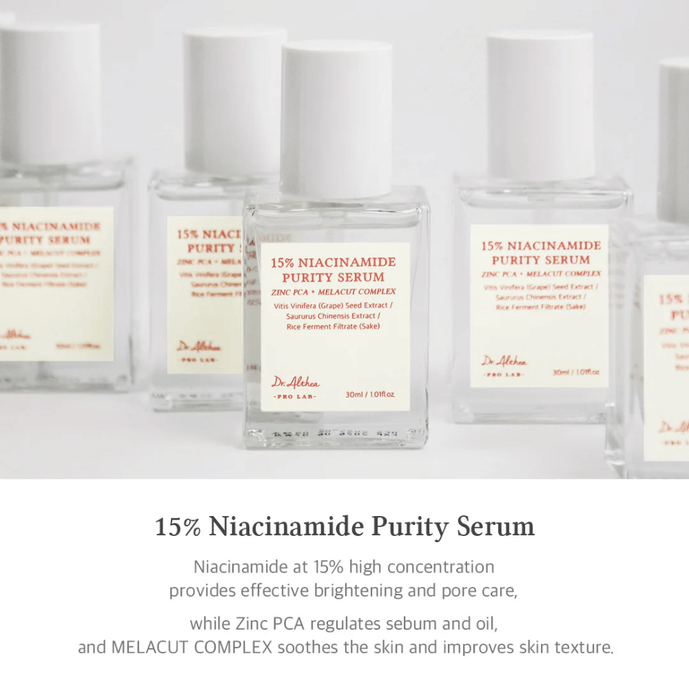 Dr. Althea 15% Niacinamide Purity Serum con alta concentración de niacinamida para una piel más luminosa y reducción de poros. Contiene Zinc PCA para la regulación del sebo y MELACUT COMPLEX para calmar la piel y mejorar la textura. Empaque elegante para una impresión profesional.