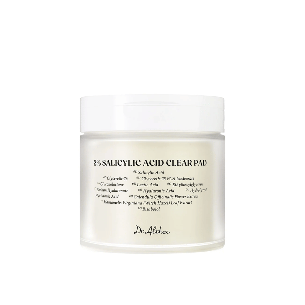 Imagen del producto de Dr. Althea 2% Salicylic Acid Clear Pad sobre fondo blanco. Pads exfoliantes para piel propensa al acné y grasa con ácido salicílico e ingredientes calmantes.