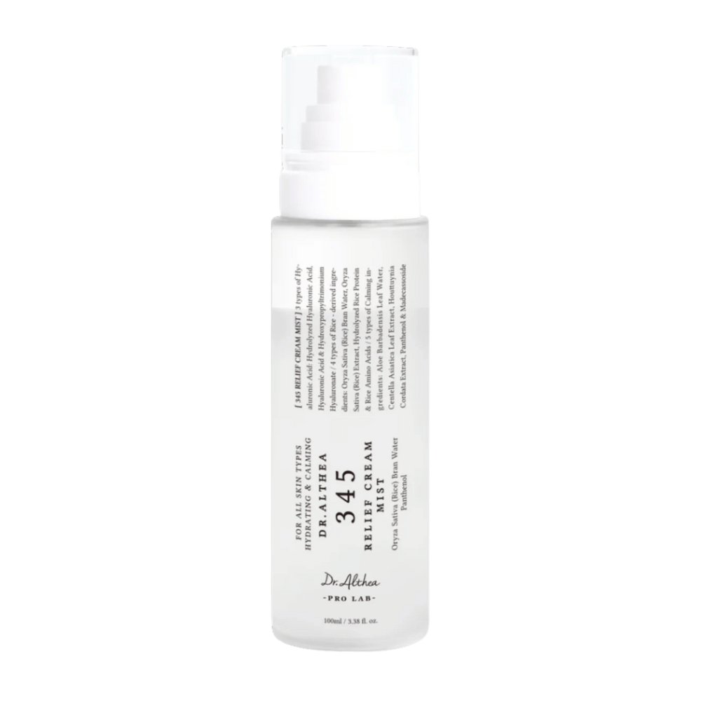 Dr. Althea 345 Relief Cream Mist sobre fondo blanco, una bruma facial ligera con fórmula de dos fases que hidrata, calma y fortalece la piel durante todo el día.