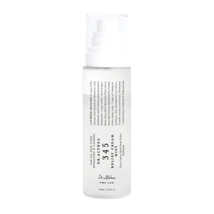 Dr. Althea 345 Relief Cream Mist sobre fondo blanco, una bruma facial ligera con fórmula de dos fases que hidrata, calma y fortalece la piel durante todo el día.
