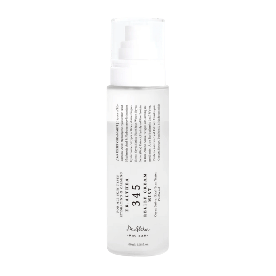Dr. Althea 345 Relief Cream Mist sobre fondo blanco, una bruma facial ligera con fórmula de dos fases que hidrata, calma y fortalece la piel durante todo el día.