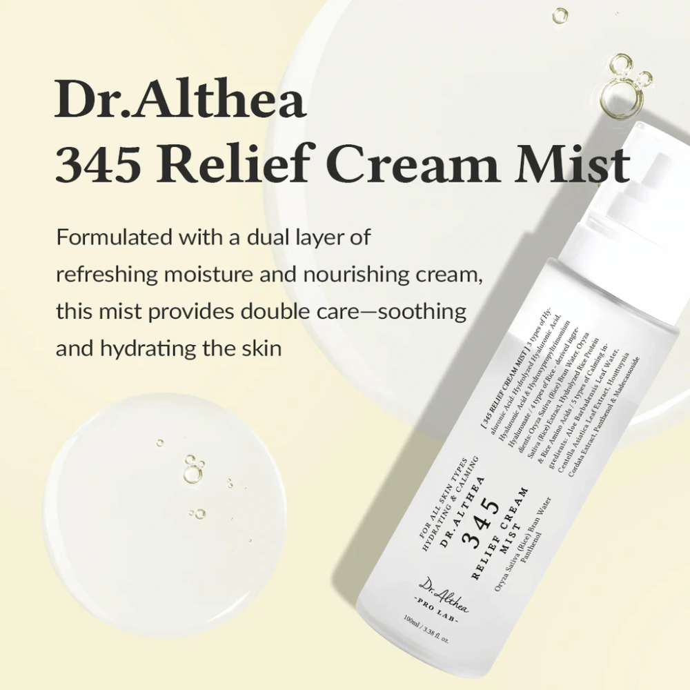 Imagen del producto de Dr. Althea 345 Relief Cream Mist con descripción de la fórmula calmante e hidratante que proporciona doble cuidado de la piel en un solo paso de spray.