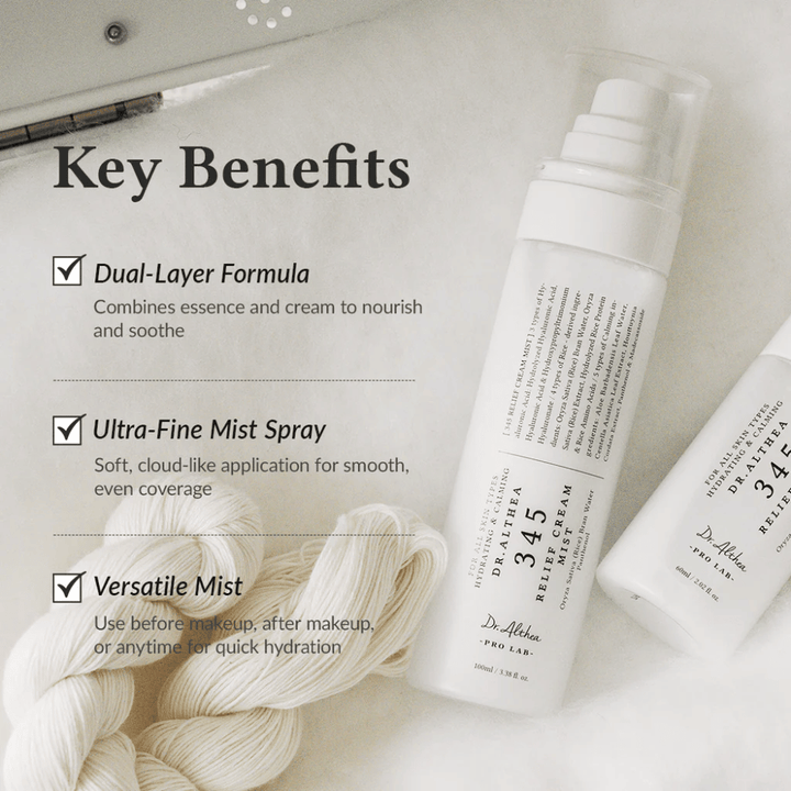 Dr. Althea 345 Relief Cream Mist con enfoque en beneficios como fórmula de doble capa, bruma ultrafina y uso versátil para una hidratación rápida y uniforme.