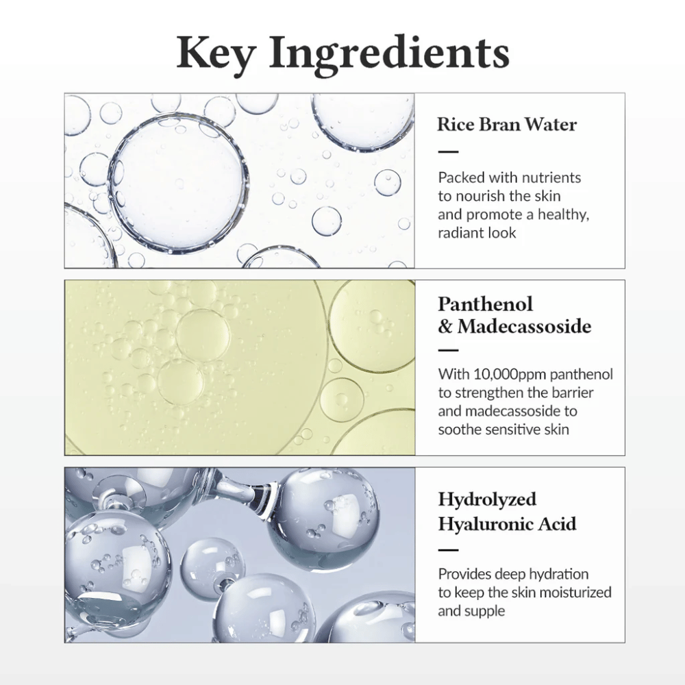 Ingredientes clave en Dr. Althea 345 Relief Cream Mist, con agua de arroz, pantenol, madecassoside y ácido hialurónico hidrolizado que fortalecen la barrera de la piel y proporcionan hidratación profunda.