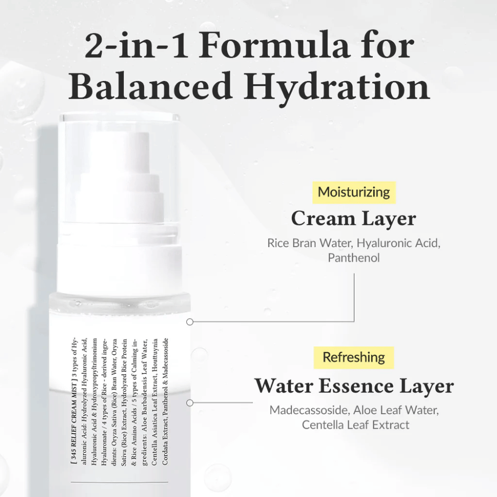 Ilustración de Dr. Althea 345 Relief Cream Mist con dos capas, una capa de crema hidratante y una capa de esencia de agua refrescante para una hidratación equilibrada y duradera.