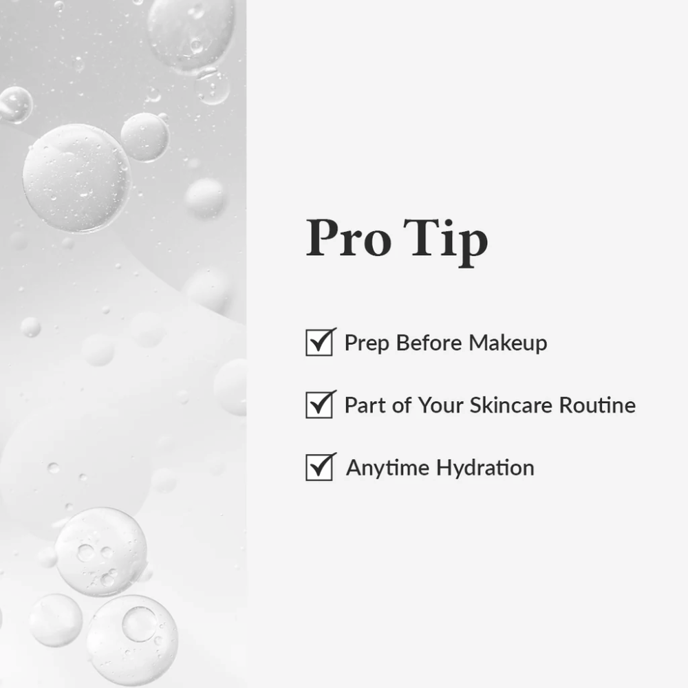 Gráfico de Pro Tip que muestra cómo se utiliza Dr. Althea 345 Relief Cream Mist para hidratar antes del maquillaje, como parte de la rutina de cuidado de la piel o en cualquier momento del día.
