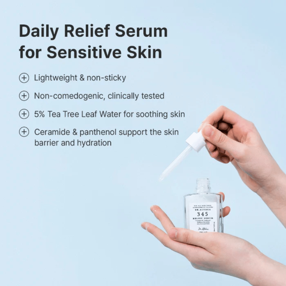 Dr. Althea 345 Relief Serum con ceramidas, pantenol y agua de tea tree para piel sensible e hidratación duradera.