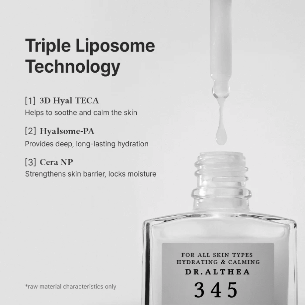 Dr. Althea 345 Relief Serum con tecnología de triple liposoma, ceramidas y ácido hialurónico para una hidratación intensa y efecto calmante.