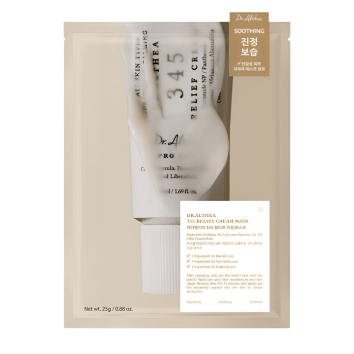 Dr. Althea 345 Relief Cream Mask Sheet mask con ingredientes calmantes como niacinamida, ceramida y centella asiática