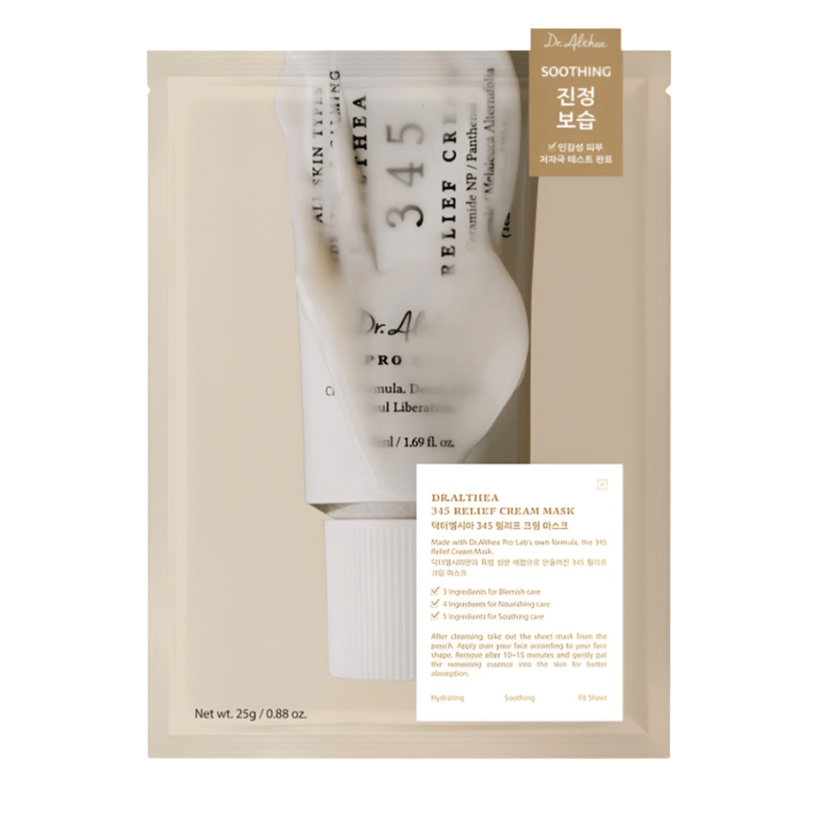 Dr. Althea 345 Relief Cream Mask Sheet mask con ingredientes calmantes como niacinamida, ceramida y centella asiática