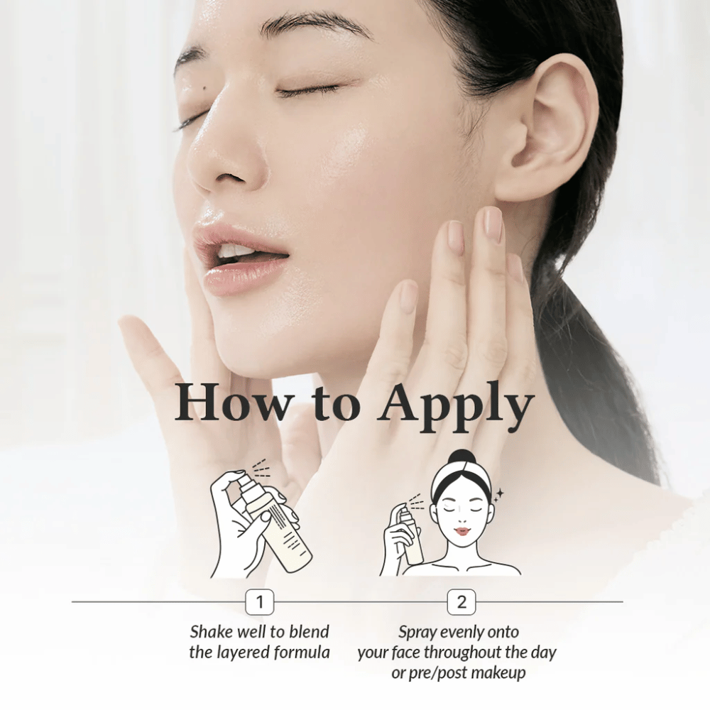 Cómo aplicar Dr. Althea 345 Relief Cream Mist, donde el modelo rocía el rostro para una hidratación uniforme antes y después del maquillaje con una bruma finamente distribuida.