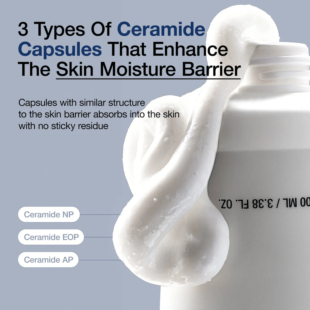 Anua 3 Ceramide Panthenol Cream con tres tipos de cápsulas de ceramida que protegen la barrera de humedad de la piel sin pegajosidad.