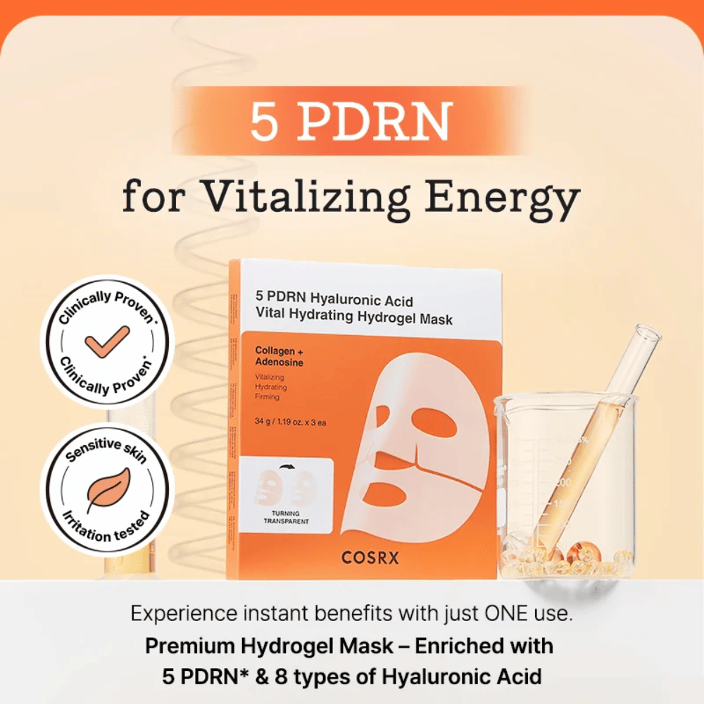 COSRX 5 PDRN Vital Hydrating Hydrogel Mask con ácido hialurónico y colágeno, clínicamente probada para brillo, piel más firme y barrera cutánea mejorada