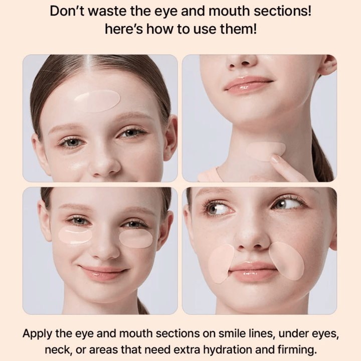 COSRX 5 PDRN Hydrogel Mask aplicación bajo los ojos, en el cuello y alrededor de la boca para extra hidratación, reafirmación y reducción de líneas finas