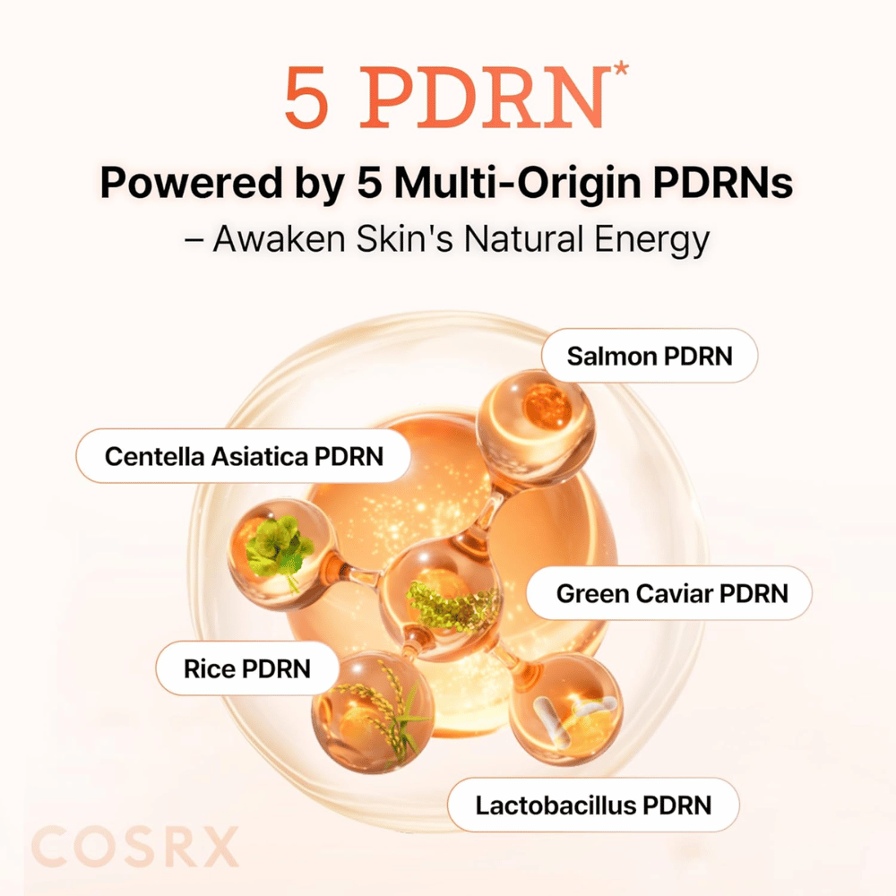 COSRX 5 PDRN sérum con PDRN de múltiples orígenes procedente de salmón, centella asiática, arroz y probióticos que fortalece la piel y mejora la elasticidad