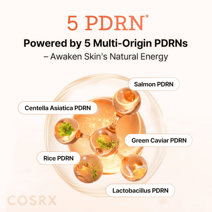 COSRX 5 PDRN sérum con PDRN de múltiples orígenes procedente de salmón, centella asiática, arroz y probióticos que fortalece la piel y mejora la elasticidad