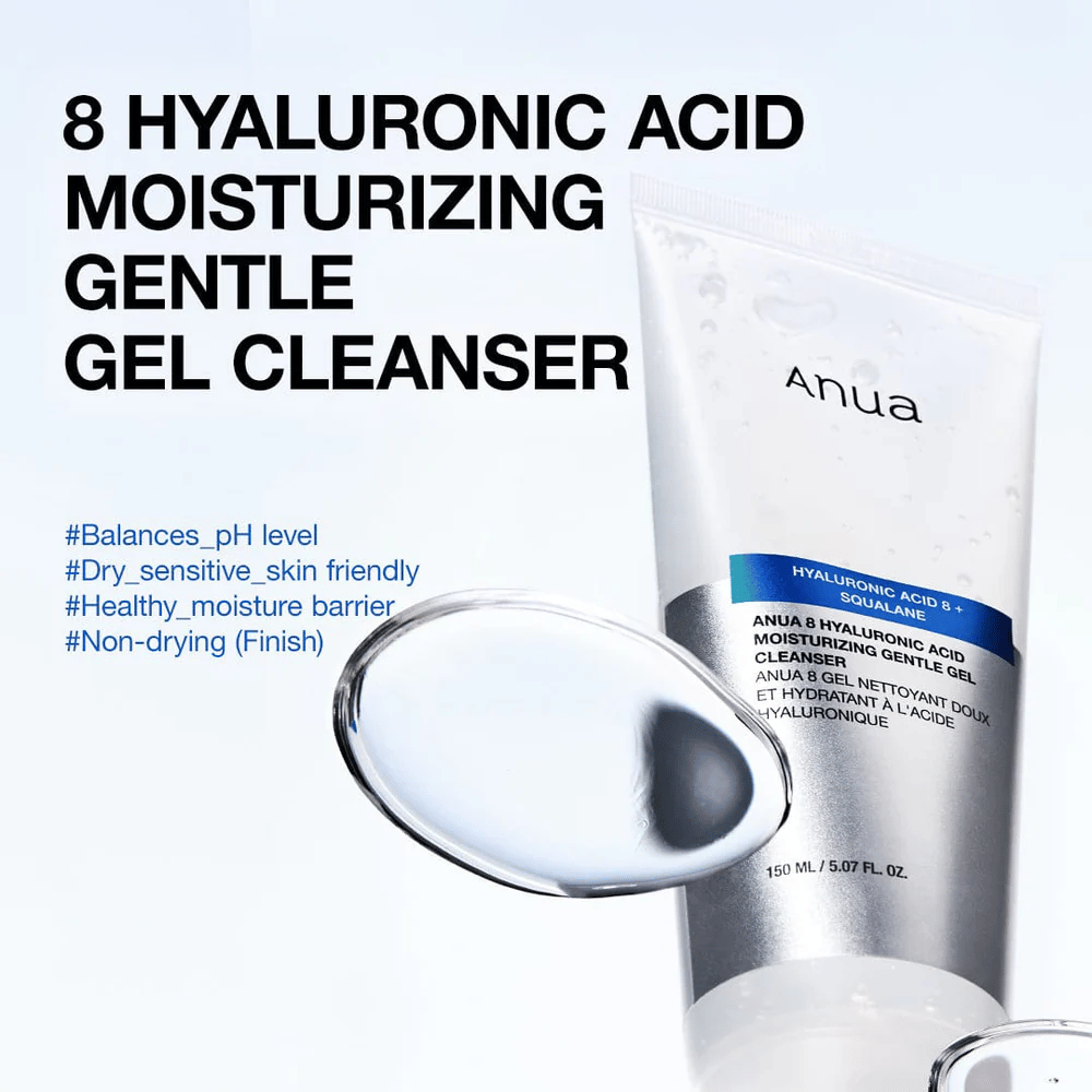 Anua 8 Hyaluronic Acid Moisturizing Gentle Gel Cleanser 150 ml sobre fondo azul. Limpieza en gel suave con squalane que hidrata y es adecuada para piel sensible.