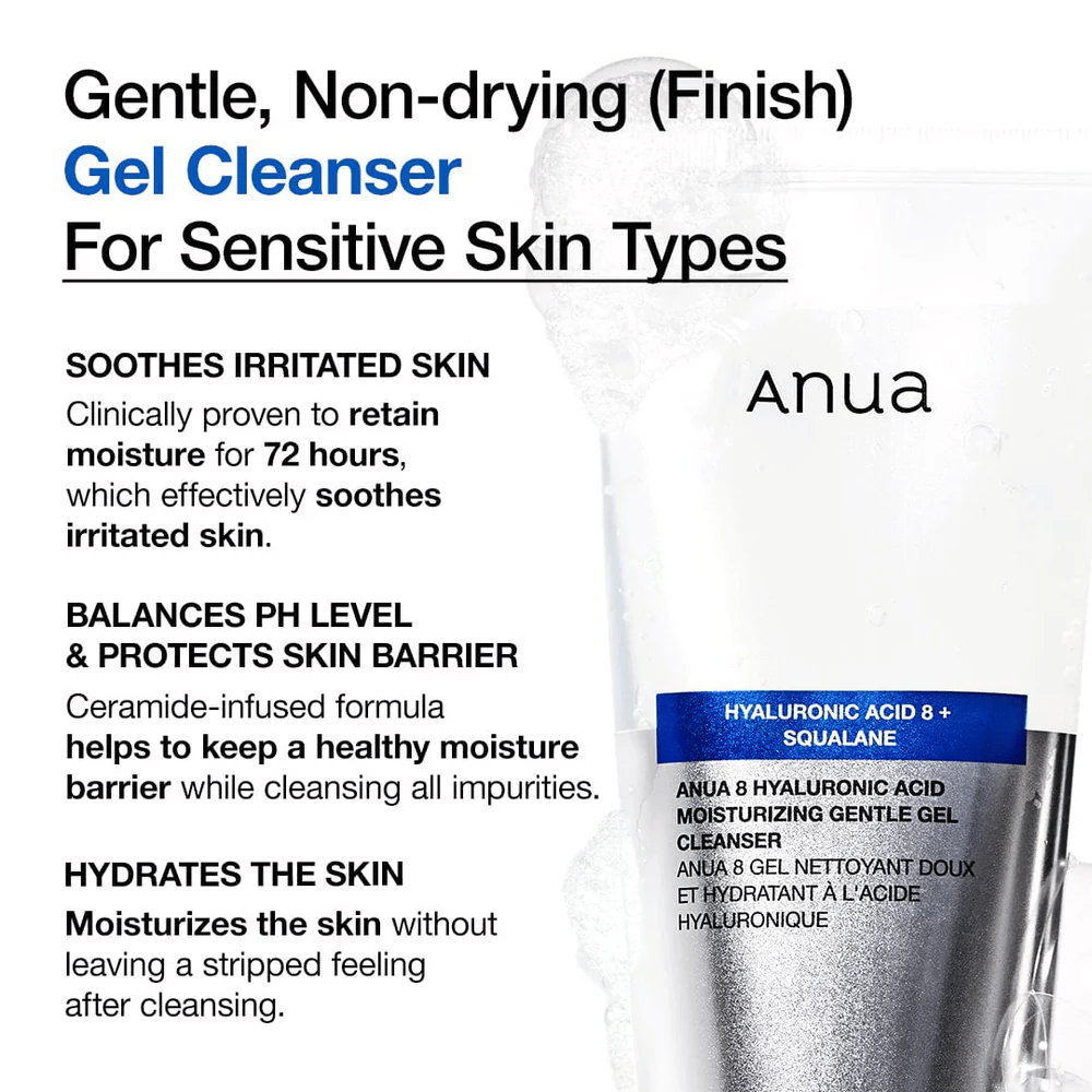 Anua 8 Hyaluronic Acid Moisturizing Gentle Gel Cleanser con texto que destaca las propiedades del producto: hidrata durante 72 horas, equilibra el pH y protege la barrera de la piel.