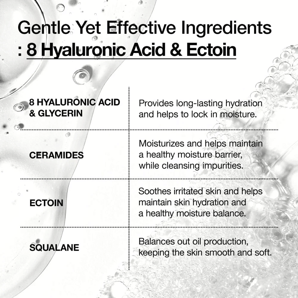 Presentación gráfica de los ingredientes clave de Anua: 8 tipos de ácido hialurónico, ceramidas, ectoína y squalane que hidratan, calman y refuerzan la barrera de la piel.