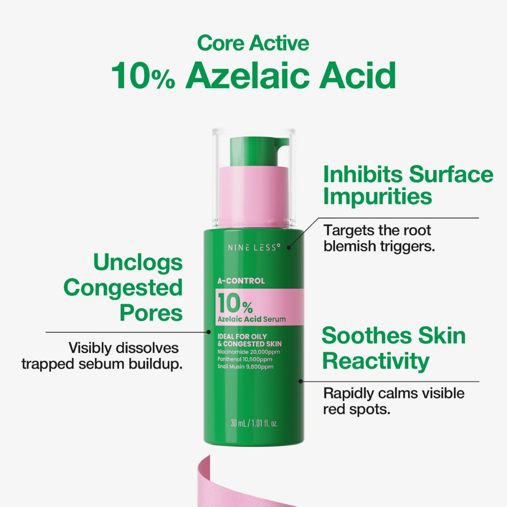 NINELESS El sérum A-Control con 10% de ácido azelaico ayuda a contrarrestar los poros obstruidos, las imperfecciones y el enrojecimiento visible.