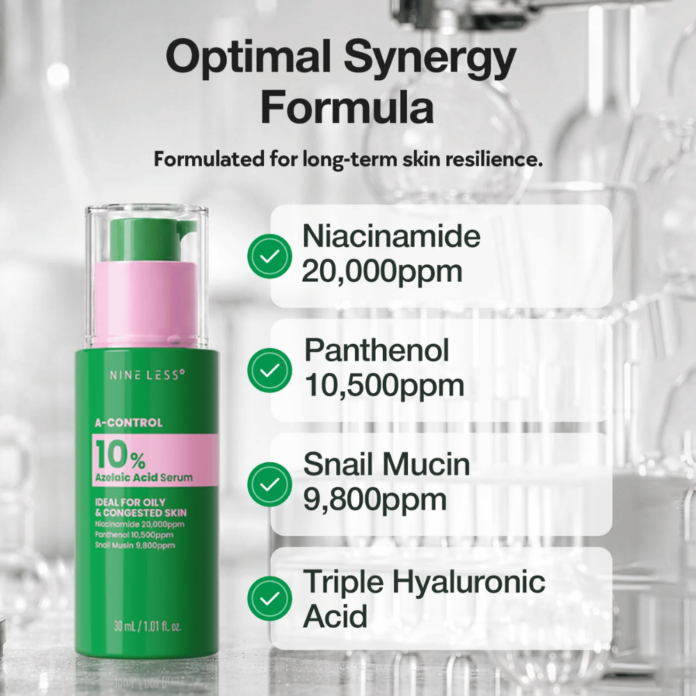 NINELESS A-Control 10% Azelaic Acid Serum con niacinamida, pantenol, snail mucin y ácido hialurónico para una piel equilibrada e hidratada.