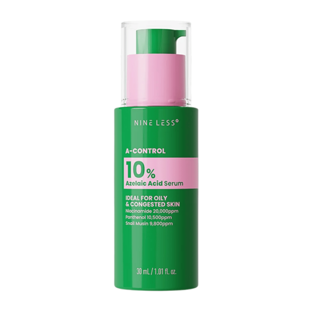 NINELESS A-Control 10% Azelaic Acid Serum 30 ml en frasco con dosificador verde para piel grasa y congestionada.