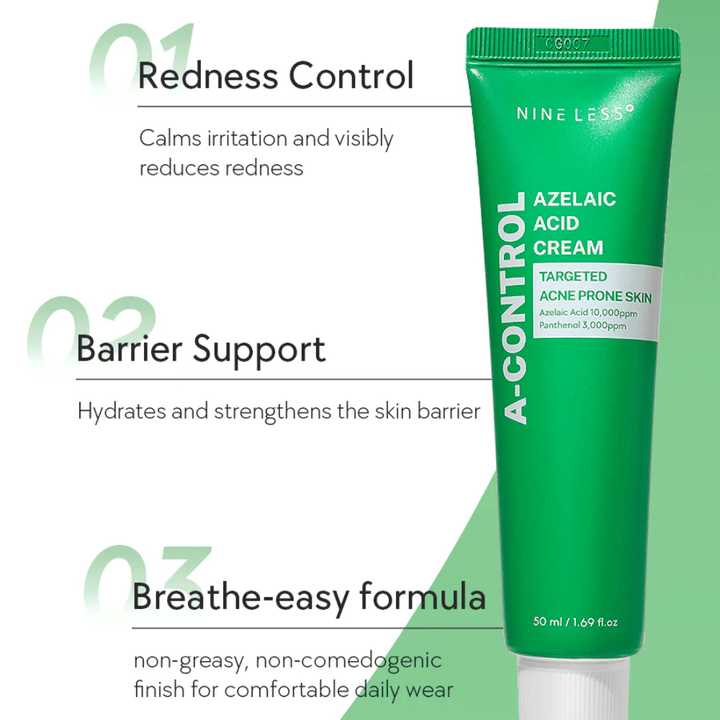 NINELESS A-Control Azelaic Acid Cream – crema facial coreana con ácido azelaico que ayuda a reducir el enrojecimiento, fortalecer la barrera cutánea y proporcionar un acabado ligero y no graso.