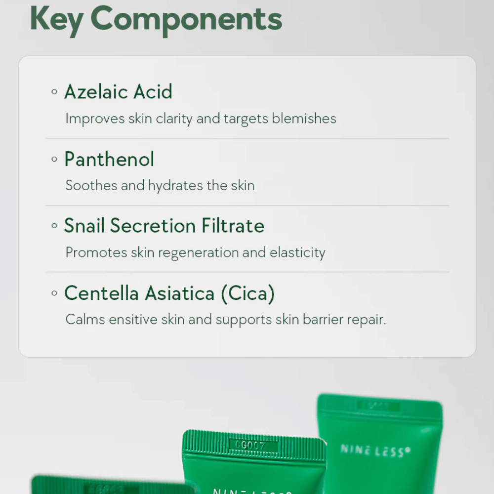 NINELESS A-Control Azelaic Acid Cream ingredientes – crema facial con ácido azelaico, pantenol, snail mucin y Centella Asiatica que ayudan a calmar la piel y mejorar la claridad de la piel.