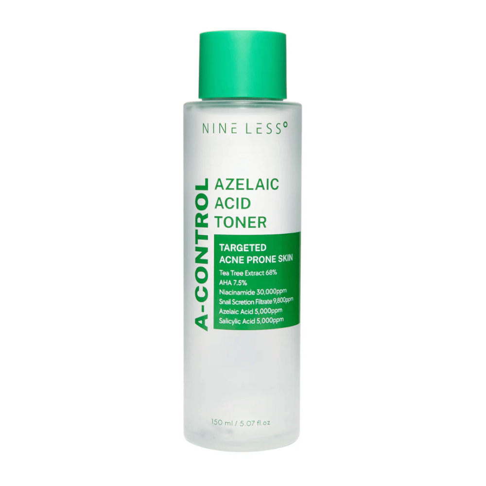 Imagen del producto de Nine Less A-Control Azelaic Acid Toner 150 ml en botella transparente con etiqueta verde y tapa verde.