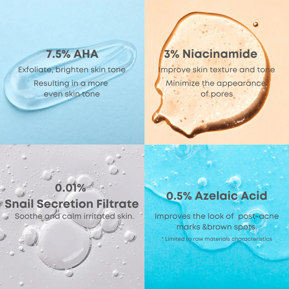 Primer plano de gotas de suero que ilustran los ingredientes clave del tónico: 7.5% AHA, 3% niacinamida, filtrado de secreción de caracol y 0.5% de ácido azelaico.