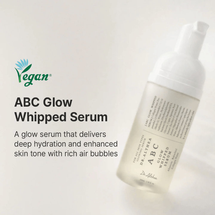 Imagen – branding / imagen principal (la más importante)
Dr. Althea ABC Glow Whipped Serum – sérum glow vegano con burbujas ligeras que hidrata la piel y proporciona un tono más uniforme y una luminosidad natural.