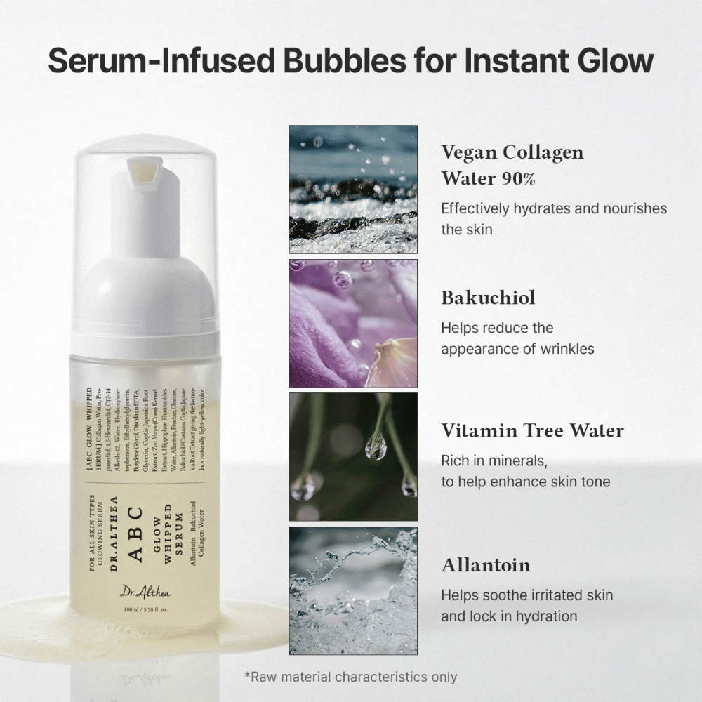 Imagen – ingredientes (EEAT + ranking)
Dr. Althea ABC Glow Whipped Serum con colágeno vegano, bakuchiol, agua de vitamin tree y alantoína que hidratan, calman y mejoran la textura de la piel.