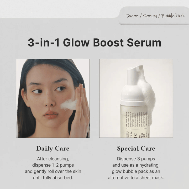Imagen – uso (diario vs cuidado especial)
Dr. Althea ABC Glow Whipped Serum se utiliza como sérum diario o como mascarilla de burbujas hidratante para un glow extra y un cuidado intensivo de la piel.