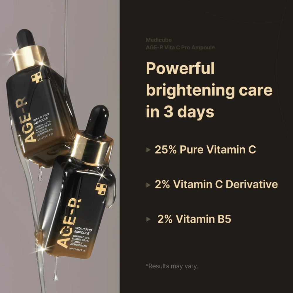 Imagen de Medicube Age-R Vita C Pro Ampoule que resalta el efecto iluminador del producto en 3 días. El producto contiene 25% de vitamina C pura, 2% de derivado de vitamina C y 2% de vitamina B5. Las botellas se muestran con detalles dorados y un gotero para la aplicación.
