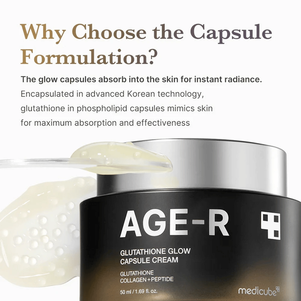 Medicube Age-R Glutathione Glow Capsule Cream se comercializa con una explicación de los beneficios de la formulación en cápsulas. Las cápsulas de glutatión se absorben rápidamente en la piel para un brillo inmediato, gracias a la avanzada tecnología coreana que imita los propios mecanismos de la piel para un efecto máximo.