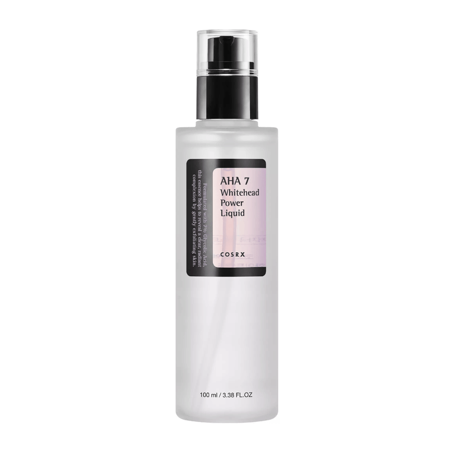 COSRX AHA 7 Whitehead Power Liquid botella de 100 ml, exfoliación efectiva con 7 % de ácido glicólico contra puntos negros blancos y tono de piel desigual.