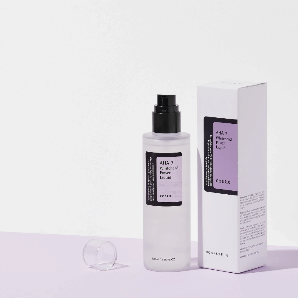 COSRX AHA 7 Whitehead Power Liquid con empaque, tónico facial exfoliante con 7 % de AHA para combatir puntos negros blancos y unificar el tono de la piel.