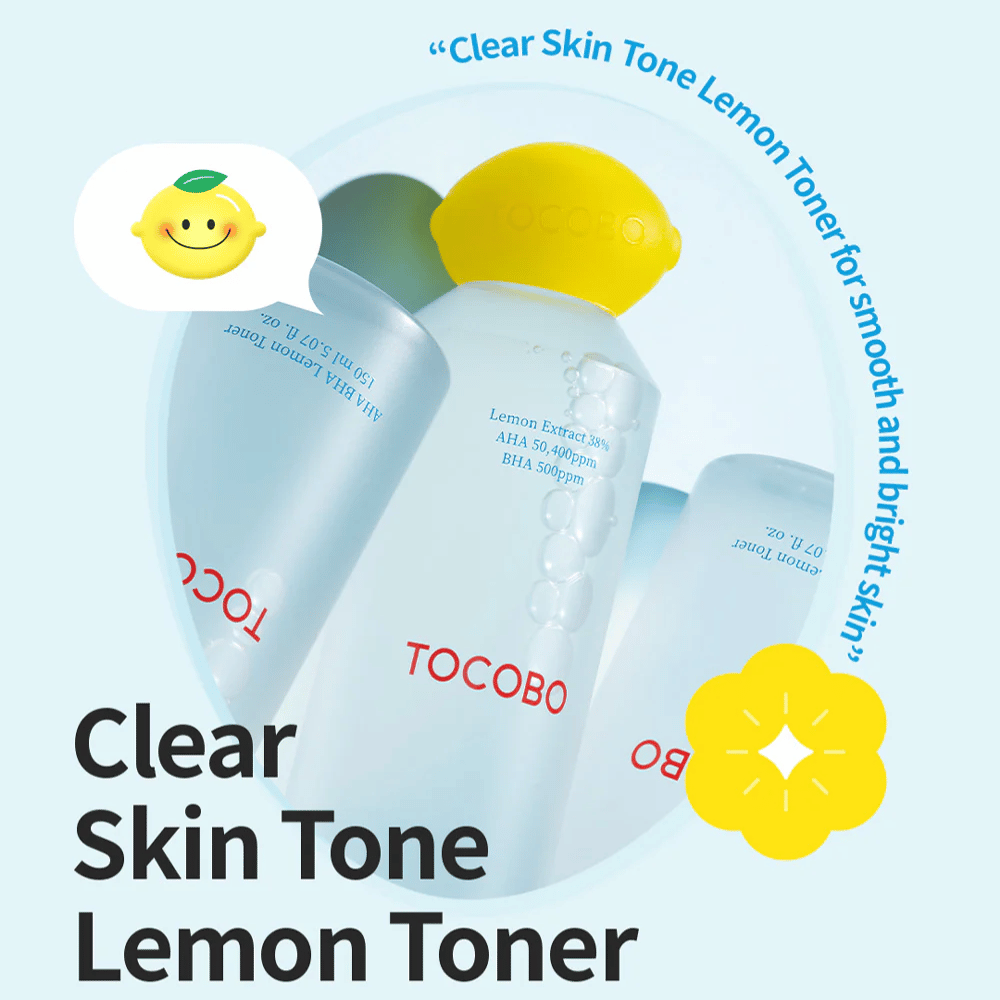 Varias botellas de TOCOBO Clear Skin Tone Lemon Toner con tapa amarilla en forma de limón, burbujas dentro del líquido y texto que destaca los ingredientes AHA y BHA sobre un fondo azul claro.