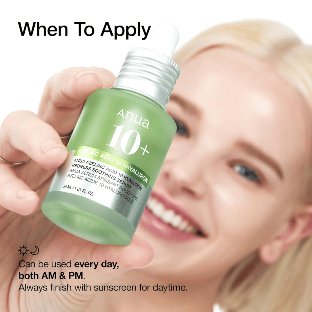 ANUA Azelaic Acid 10+ Hyaluron es un suero calmante que reduce el enrojecimiento e hidrata la piel. Perfecto para uso diario tanto por la mañana como por la noche. Contiene ácido azelaico y ácido hialurónico para equilibrar y fortalecer la barrera de la piel. Siempre use protector solar durante el día.