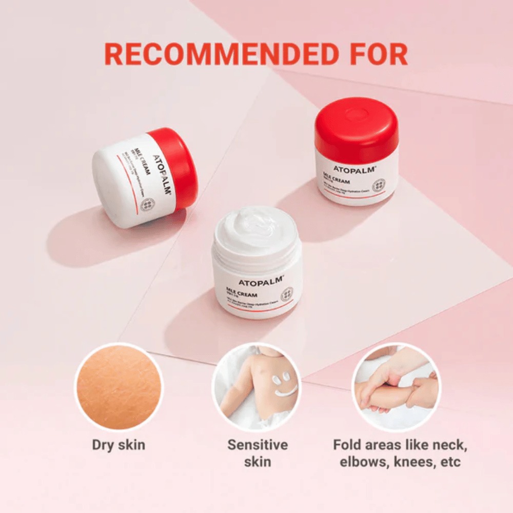 ATOPALM MLE Cream recomendada para piel seca y sensible, así como para áreas secas como el cuello, codos y rodillas – crema suave para el cuidado diario de la piel.