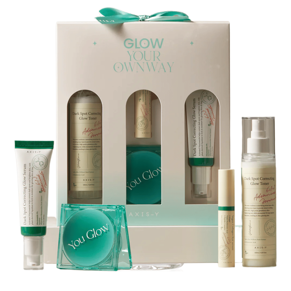 AXIS-Y Glow Your Own Way Beauty Box – un kit completo de cuidado de la piel vegano que reduce las manchas de pigmentación, hidrata y da luminosidad. ¡Perfecto para un tono de piel más uniforme!