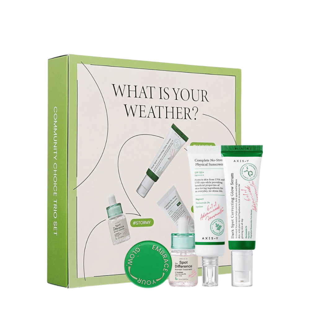 AXIS-Y "What is your weather?" Kit de cuidado de la piel en empaque verde incluye cinco productos: protector solar, crema hidratante, suero, gel de tratamiento y mascarilla facial, adaptados para diferentes tipos de piel y climas.