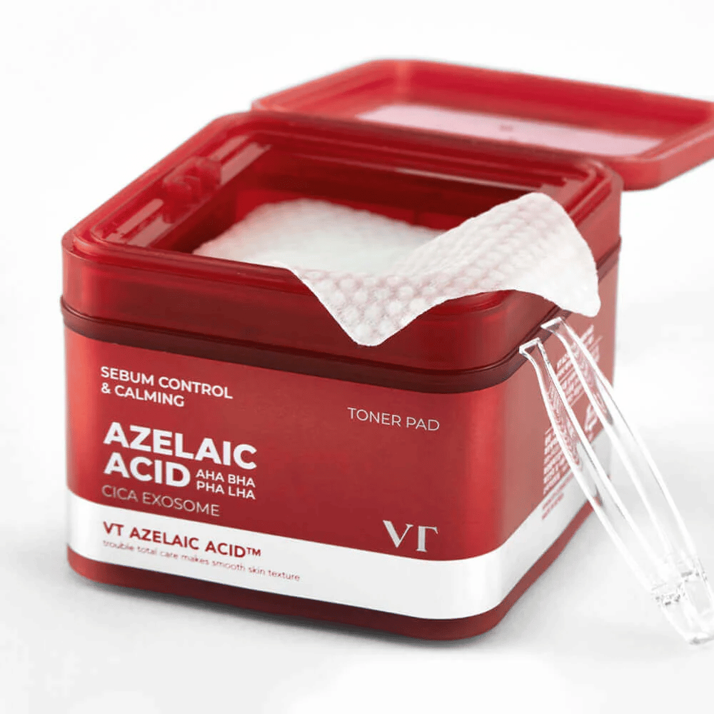 Frasco abierto con VT Azelaic Acid Toner Pad y pinzas – para un uso fácil e higiénico.