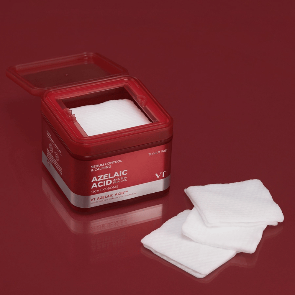 VT Azelaic Acid Toner Pad – pads exfoliantes y calmantes con AHA, BHA, PHA y LHA para una piel equilibrada y clara.