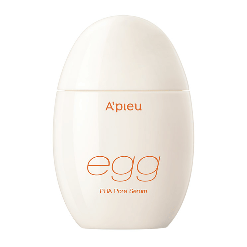 A’pieu Egg PHA Pore Serum en un envase beige en forma de huevo con texto naranja – un suero coreano que exfolia suavemente y minimiza los poros.